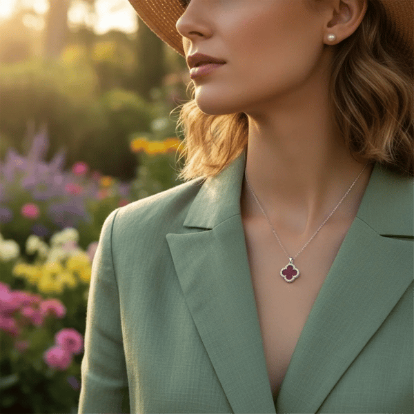Saffron Red Clover Pendant with Moissanite Diamond Halo Necklace
