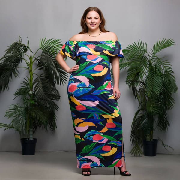 Plus Size 24/7 Comfort Apparel Off Shoulder Multicolor Maxi Dress
