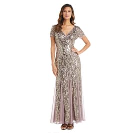 R&M Richards Sequin Cocktail Dress - Cascade Elbow Sleeve Long Gown