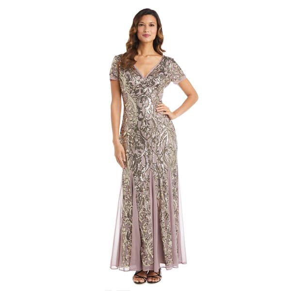 Womens R&M Richards Short Sleeve Long Beaded Evening Dress - image 