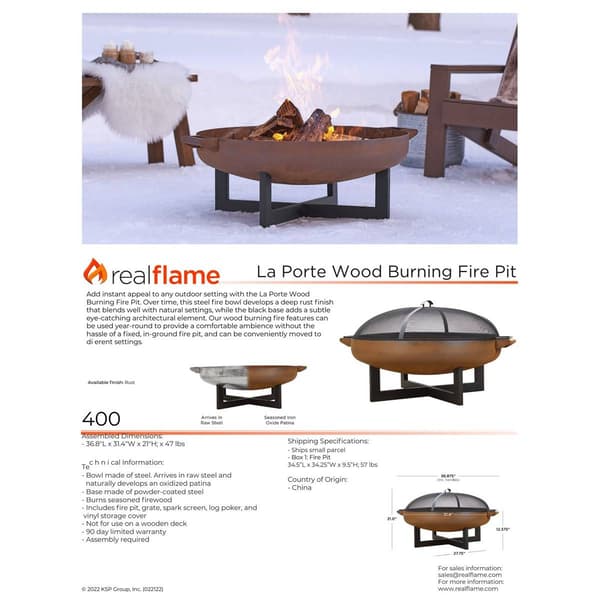 Real Flame La Porte 31in. Round Steel Wood Burning Fire Pit