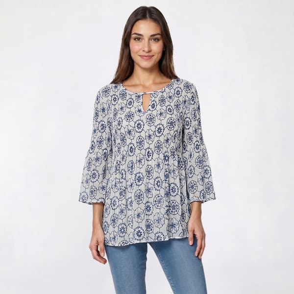 Womens Floral & Ivory 3/4 Sleeve Keyhole Neck Medallion Blouse