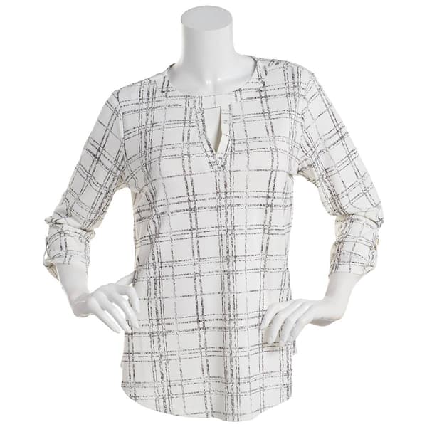Womens Cure 3/4 Sleeve Roll Tab Grid Crepe Blouse - image 