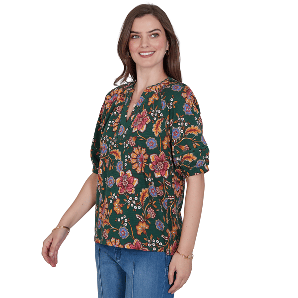 Petite Ruby Rd. Game of Luxe Elbow Sleeve Floral Vines Blouse