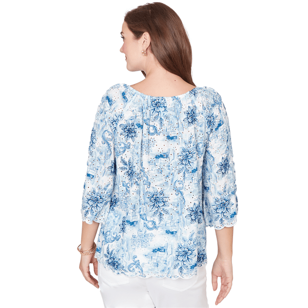 Womens Ruby Rd. French Riviera Floral Toile Scallop Blouse