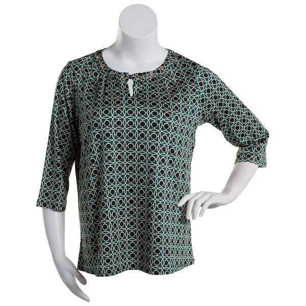 Plus Size Notations 3/4 Sleeve Geo Grommet Neck Knit Blouse