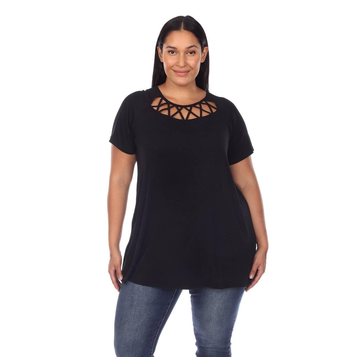Plus Size White Mark Crisscross Neckline Short Sleeve Tunic