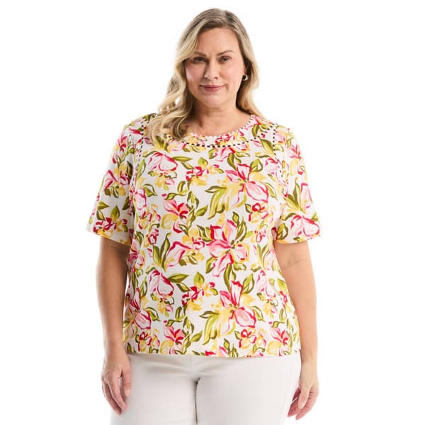 Plus Size Rafaella(R) 3/4 Sleeve Pom Trim Detail Petal Dance Top