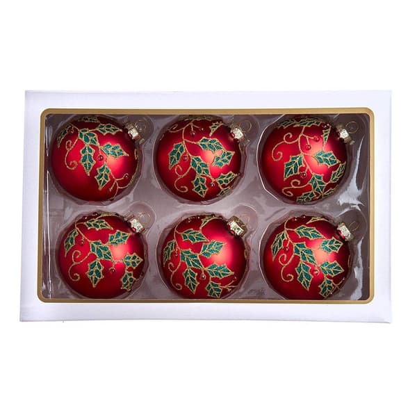 Kurt Adler 6pc. Glass Red Berry & Holly Leaves Ball Ornament Set