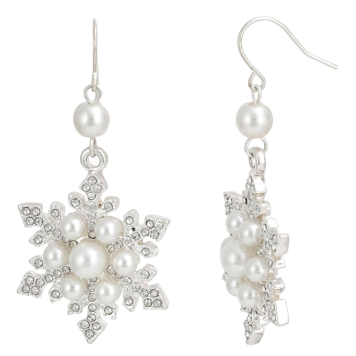 Silver-Tone Pearl & Pave Snowflake Earrings