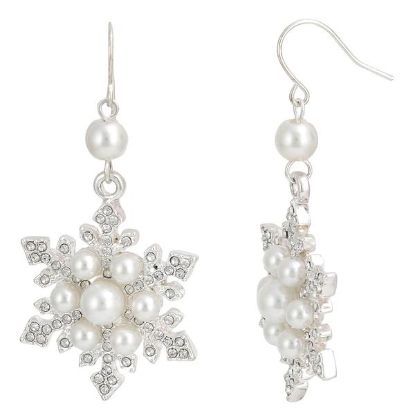 Silver-Tone Pearl & Pave Snowflake Earrings - image 