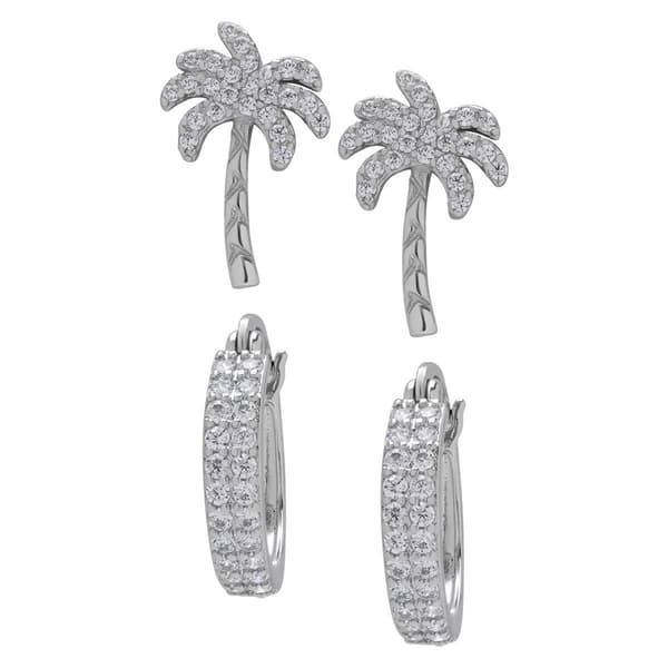 Silver Plated Palm Tree & Hoop 2pr. Earrings Set - image 