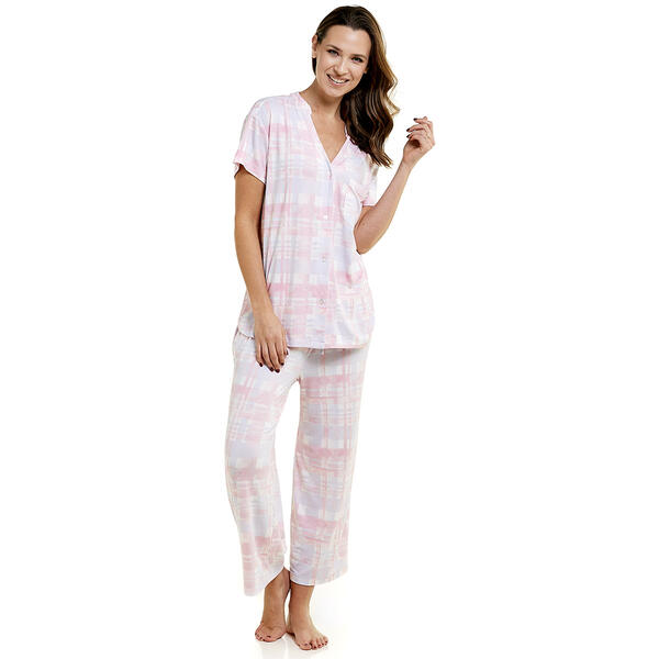 Womens Jessica Simpson Plaid Split Neck Crop Pants Pajama Set - image 