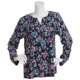 Womens Napa Valley 3/4 Sleeve Blue Floral Pleat Knit Blouse