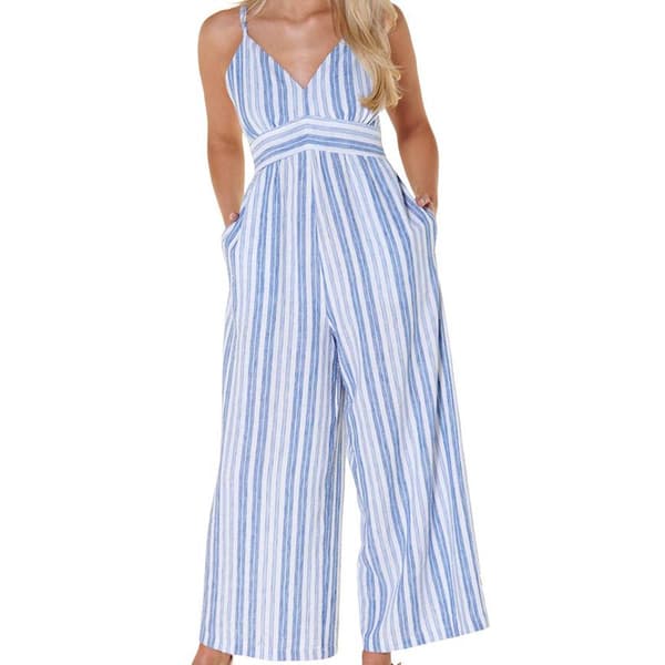 Juniors No Comment Stripe Linen Double Strap Wide Leg Jumpsuit