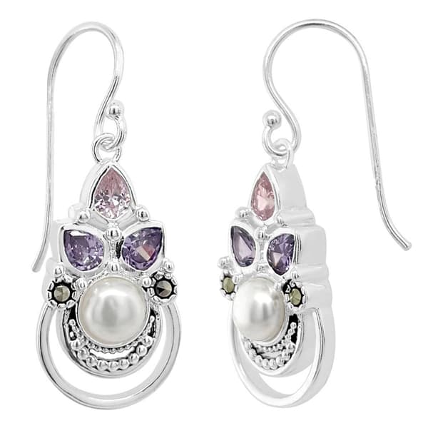 Marsala Fine Silver Plated Marcasite Multi Color Earrings - image 
