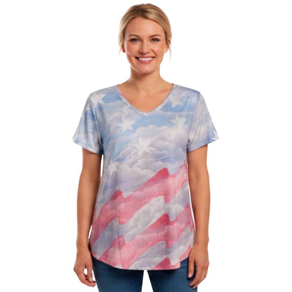 Womens OneWorld Short Sleeve V Neck Sublimation Cloud Flag Tee - image 