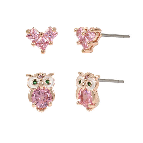 Betsey Johnson Pink Cubic Zirconia Owl & Heart Stud Earrings - image 