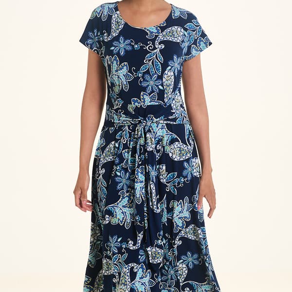 Womens Robbie Bee Short Sleeve Paisley Tie Waist A-Line Dress