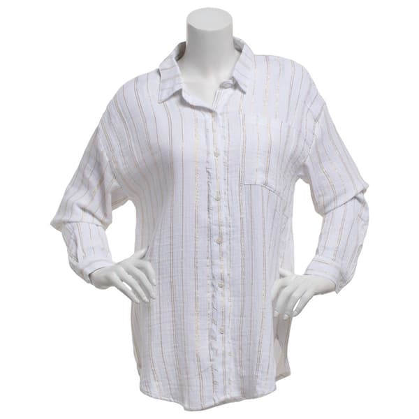 Juniors No Comment Lurex Off The Shoulder Button Down Top