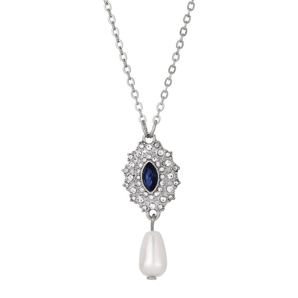 1928 Silver Tone Blue Starburst Pearl Necklace - image 