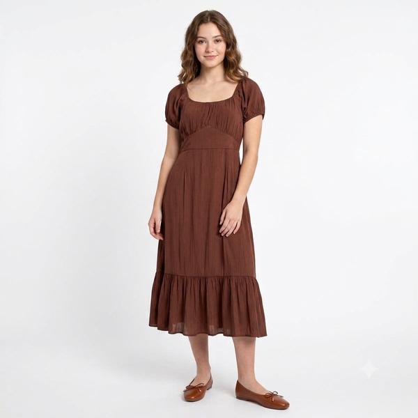 Juniors Angie Puff Sleeve Gauze Double Scoop Midi Dress - image 