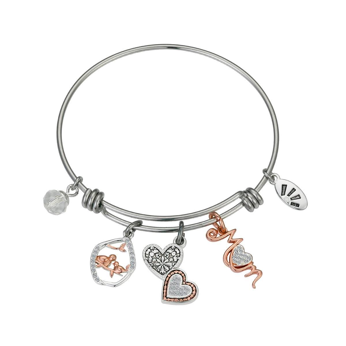 Shine Mom Birds & Hearts Clear Crystal Bangle Bracelet