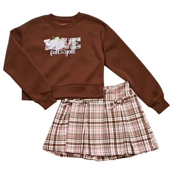 Girls (7-16) No Comment Love Fall Y''All Sweatshirt w/ Plaid Skirt - image 