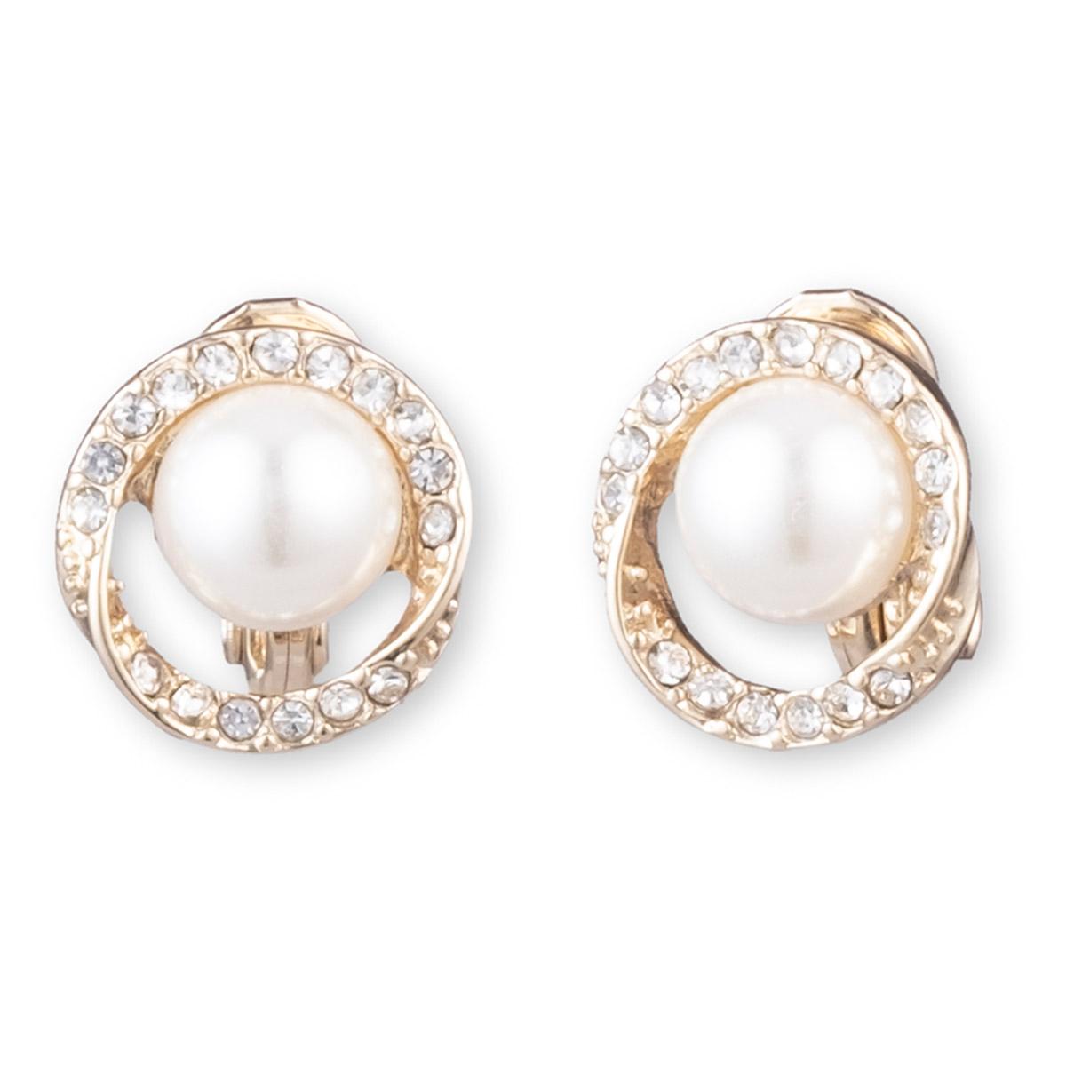 Anne Klein Pearl & Crystal Pave Halo Button Clip Earrings