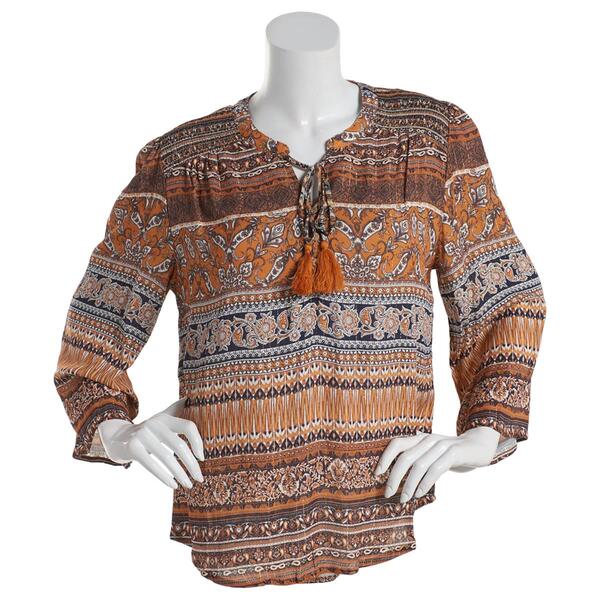Womens OneWorld 3/4 Sleeve Button Placket Damask Tribal Blouse - image 