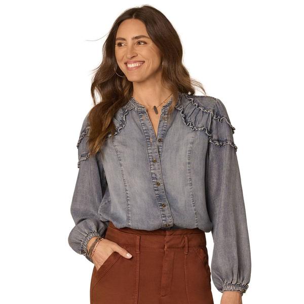 Womens Democracy Long Sleeve Button Down Lyocell Top With Ruffle - image 