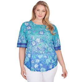 Plus Size Ruby Rd. Bali Blue Elbow Sleeve Knit Ombre Floral Top