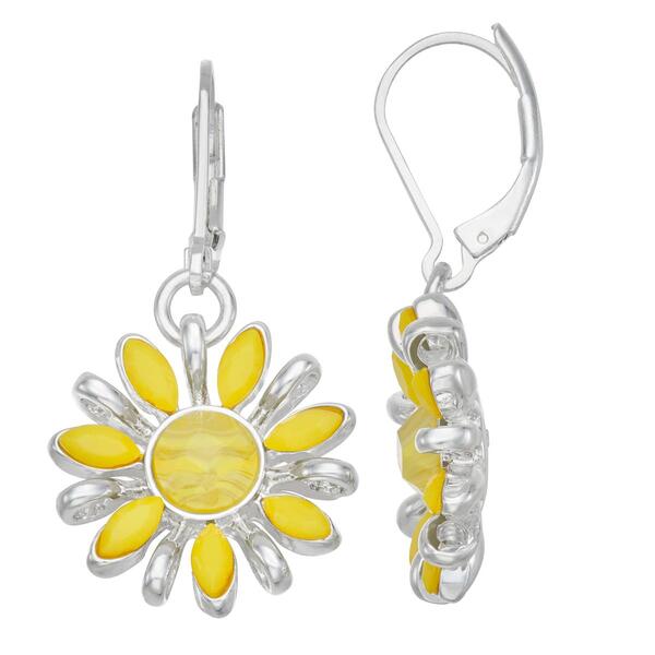 Napier Silver-Tone & Yellow Flower Single Drop Leverback Earrings - image 