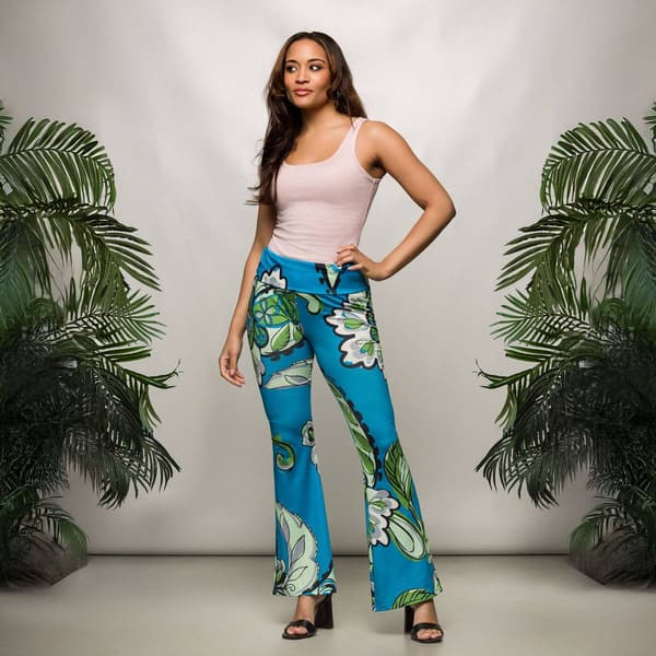Womens 24/7 Comfort Apparel Teal Paisley Bell Bottom Pants