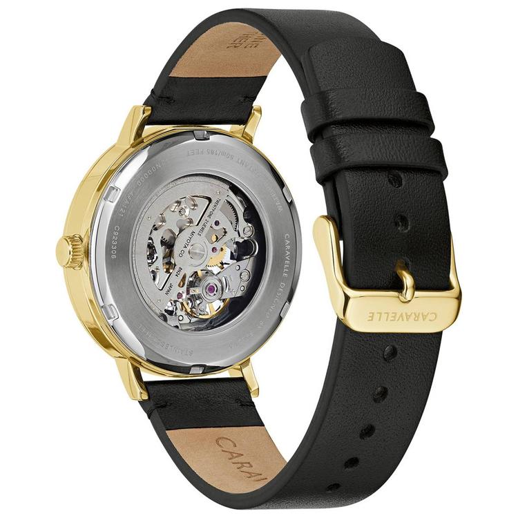 Mens Caravelle Gold Tone Black Leather Strap Watch - 44A121