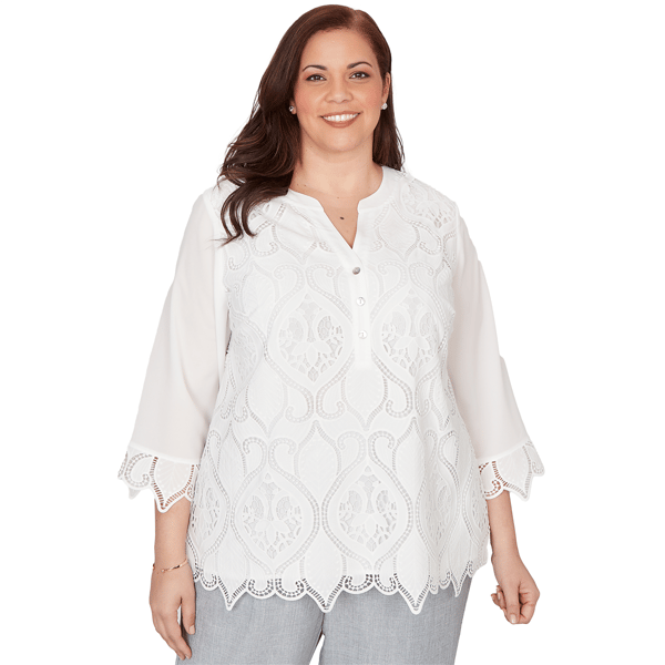 Plus Size Alfred Dunner Al Fresco Lace Cut Out Front Henley Top - image 