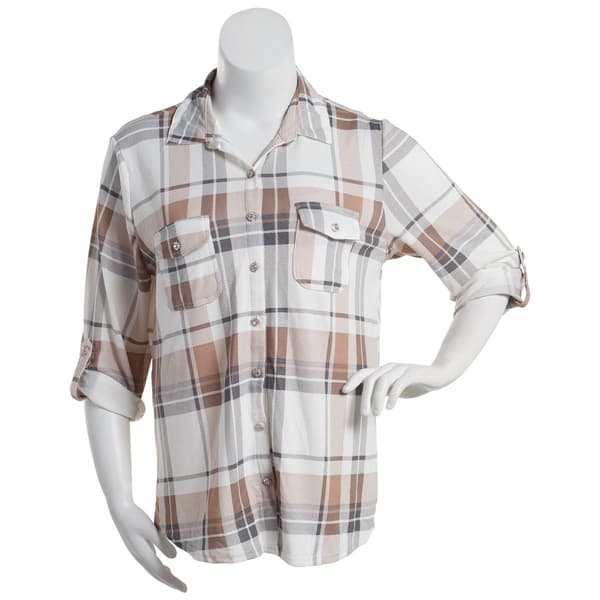 Plus Size New York Laundry 3/4 Roll Tab Button Plaid Top -TAUPE - image 