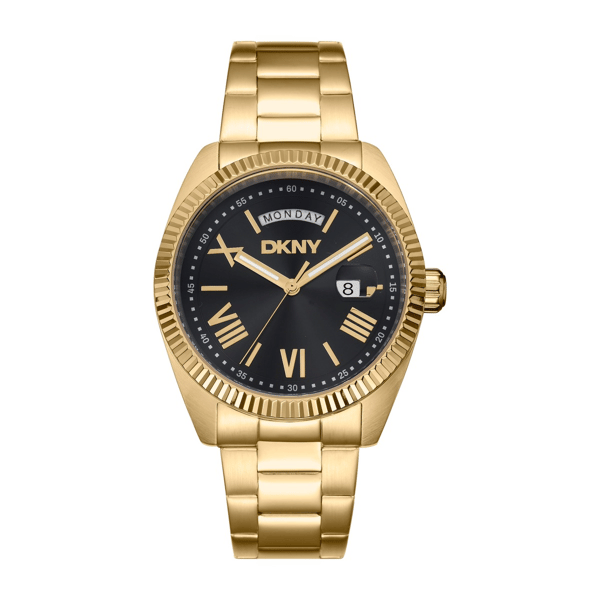Mens DKNY Day Date Fluted Bezel Gold Bracelet Watch-DK1G141M0065