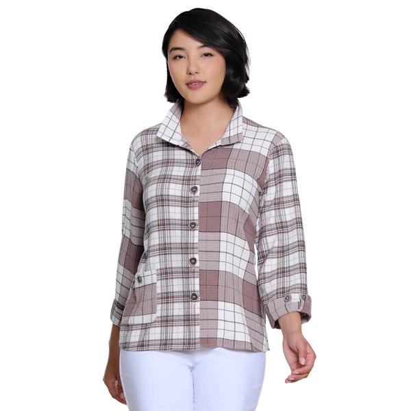 Plus Size Ali Miles Long Cuff Sleeve Button Yarn Dye Plaid Butto - image 