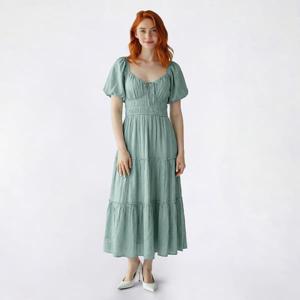 Juniors Trixxi Puff Sleeve Tie Front Tier Midi Dress