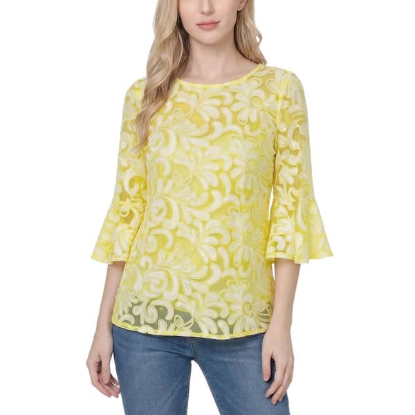Womens NY Collection Flounce Sleeve Scroll Embroidery Blouse