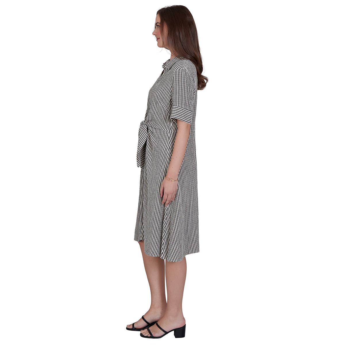 Petite Ruby Rd. Tropical Noir Stripe Knot Front Shirtdress