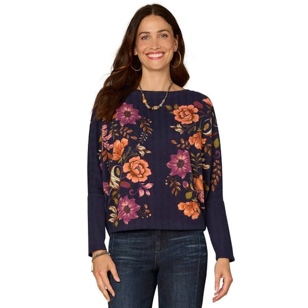 Womens Democracy Long Sleeve Boat Neck Floral Sweater - image 