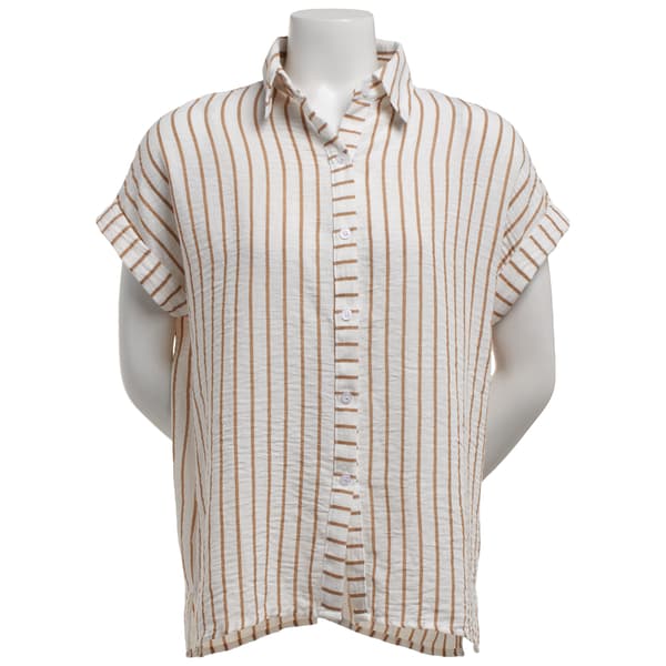Womens Notations Short Sleeve Stripe Linen Casual Button Down