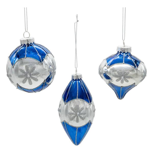 Kurt Adler 80MM Glass Blue Snowflake Ball 3pc. Ornaments Set
