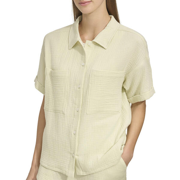 Womens Andrew Marc Sport Solid Gauze Casual Button Front Top - image 