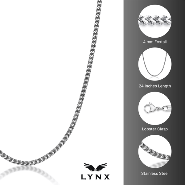 Mens Lynx Stainless Steel 4mm Foxtail Chain Necklace
