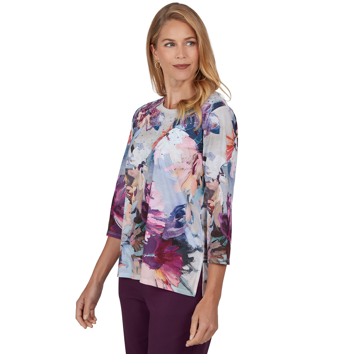 Womens Alfred Dunner Vail Rhinestone Romantic Floral Blouse