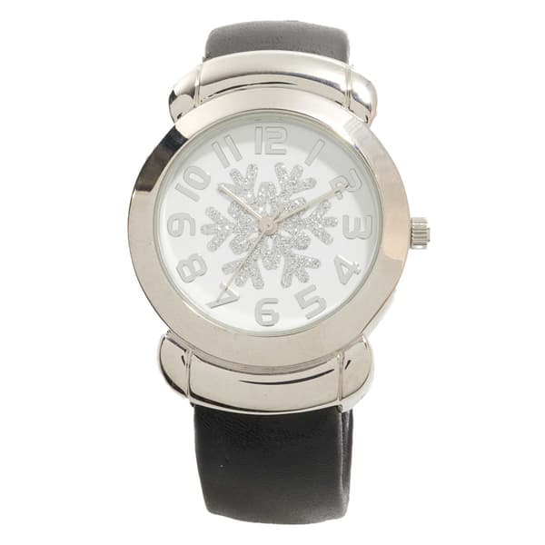 Silver-Tone Black Wrapped Snowflake Bangle Watch - PT10163B - image 