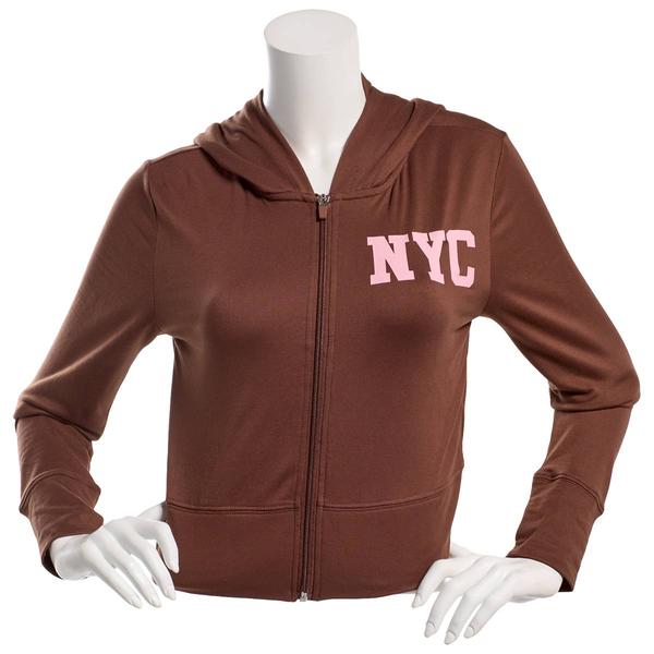 Juniors No Comment Fleece Back NYC Screen Zip Up Hoodie-Chocolate